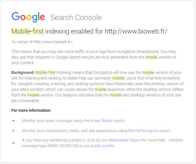 E-mail de notification d'activation de l'indexation mobile-first